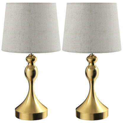 Rino Metal Gold Tone Set Of 2 Bedside Lamps With USB Charging Ports Linen Shades And 3 Colour Light