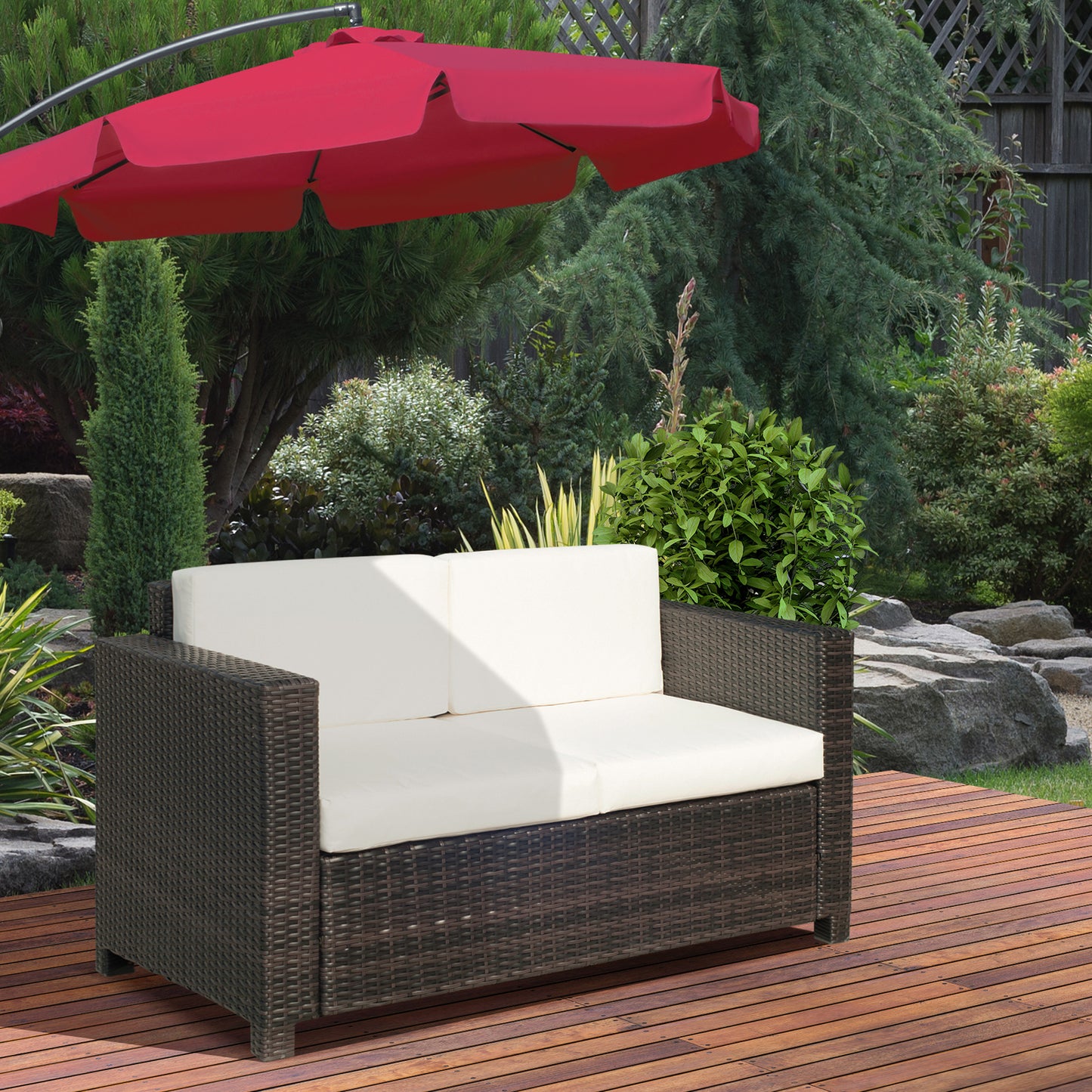 Sese Rattan Brown 2 Seater Outdoor Sofa with White Cushions