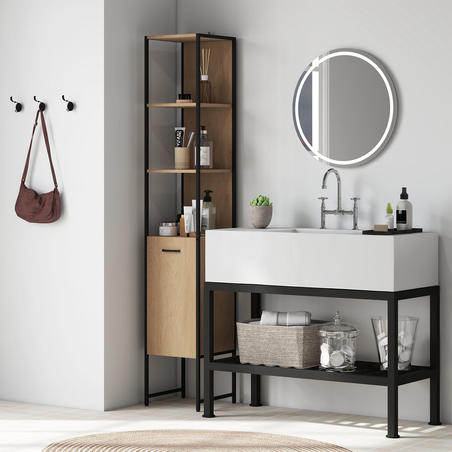 Supave Tall Bathroom Storage Cabinet With OFauxn Shelving And Adjustable Interior Natural Wood Finish