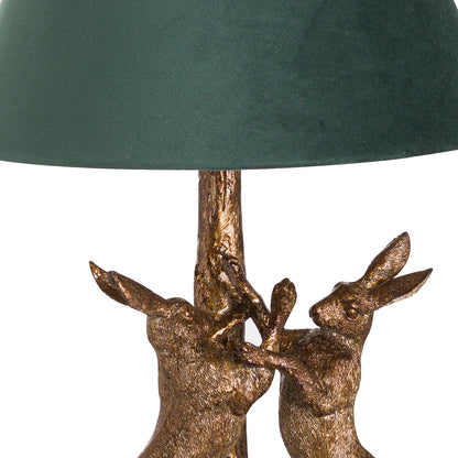 Sault Antique Gold Marching Hares Lamp With Green Velvet Shade