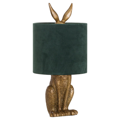 Belves Antique Gold Hare Table Lamp With Green Velvet Shade
