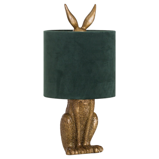 Belves Antique Gold Hare Table Lamp With Green Velvet Shade