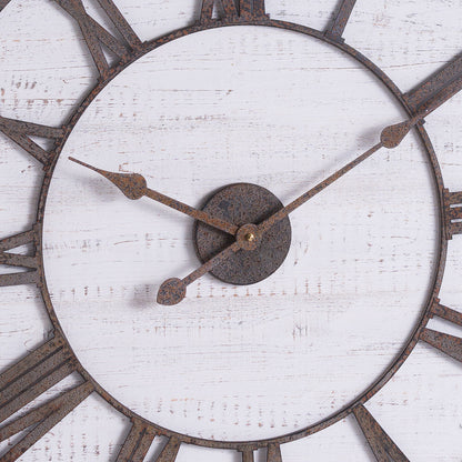 70cm Rustic White Washed Wooden Clock Aged Metal Roman Numerals