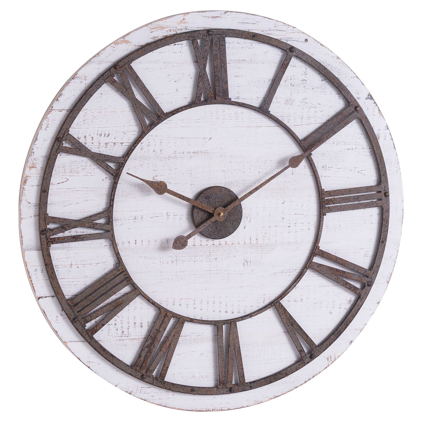 70cm Rustic White Washed Wooden Clock Aged Metal Roman Numerals