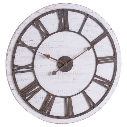 70cm Rustic White Washed Wooden Clock Aged Metal Roman Numerals