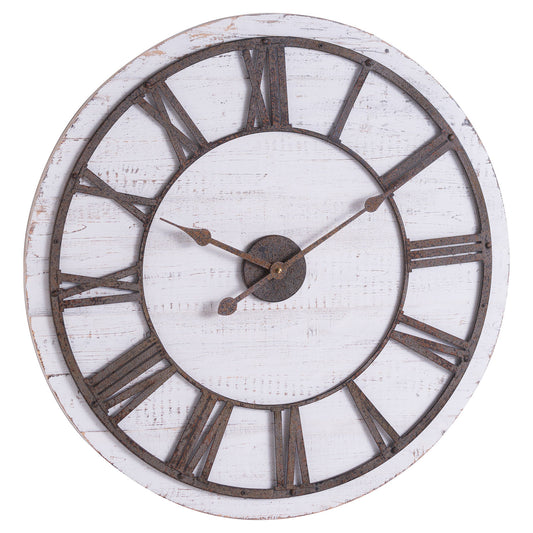 70cm Rustic White Washed Wooden Clock Aged Metal Roman Numerals