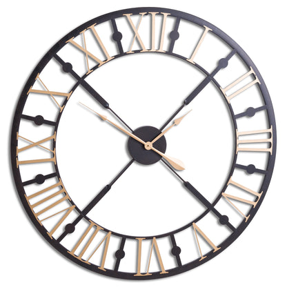 95cm Industrial Black and Gold Metal Roman Numeral Open Frame Wall Clock