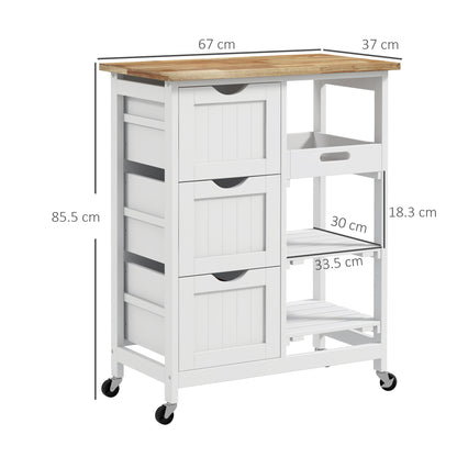 Lonoronno Wooden White Compact Rolling Kitchen Island With Natural 3 Shelves 3 Drawers