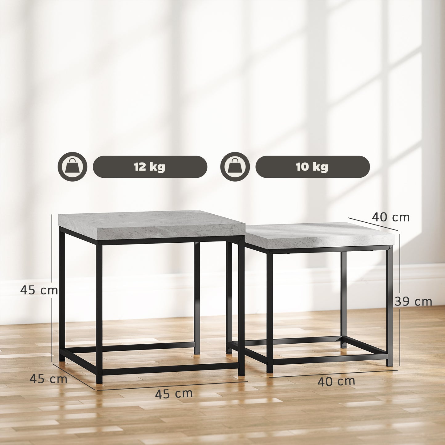 Keco Wooden Grey Set Of 2 Nesting Coffee Tables With Thick Tabletops
