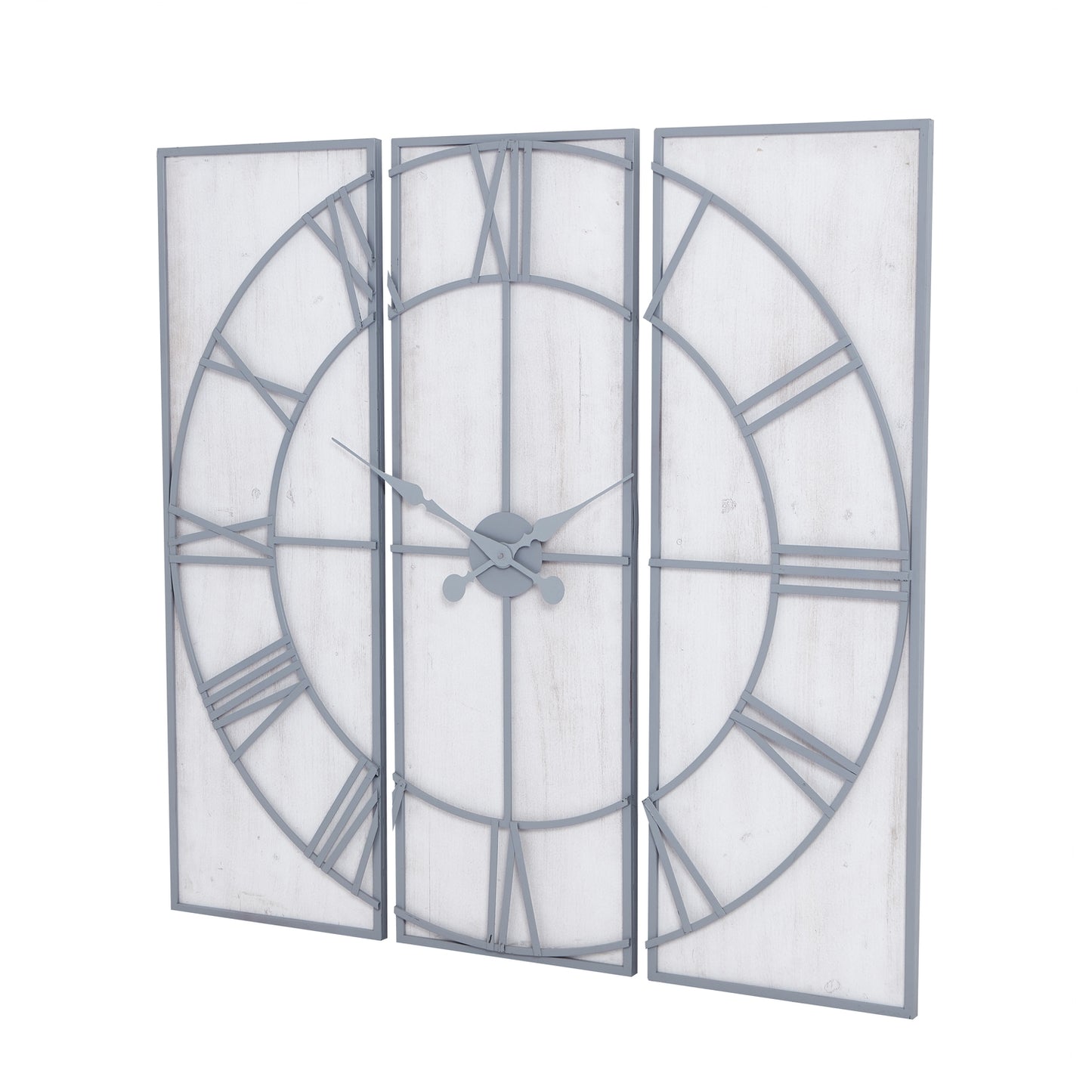 Oversized 3 Panel Roman Numeral Open Frame Wall Clock