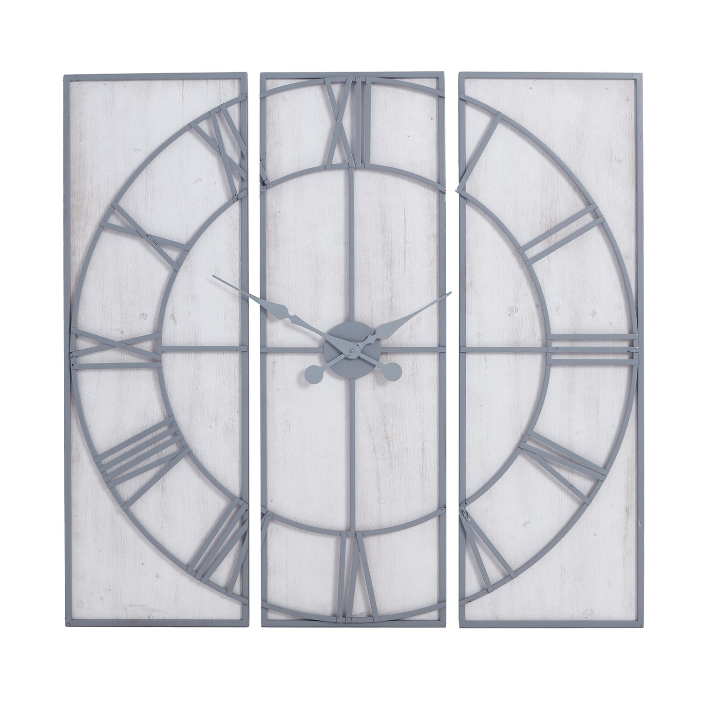 Oversized 3 Panel Roman Numeral Open Frame Wall Clock