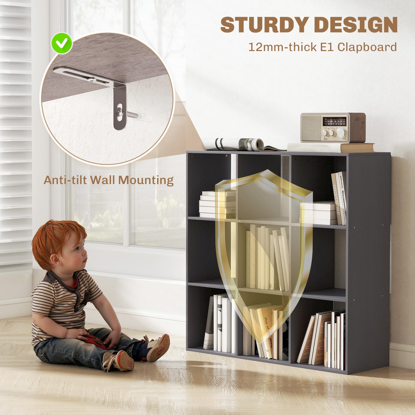 Royore Wooden Grey 9 Cube Storage Bookcase