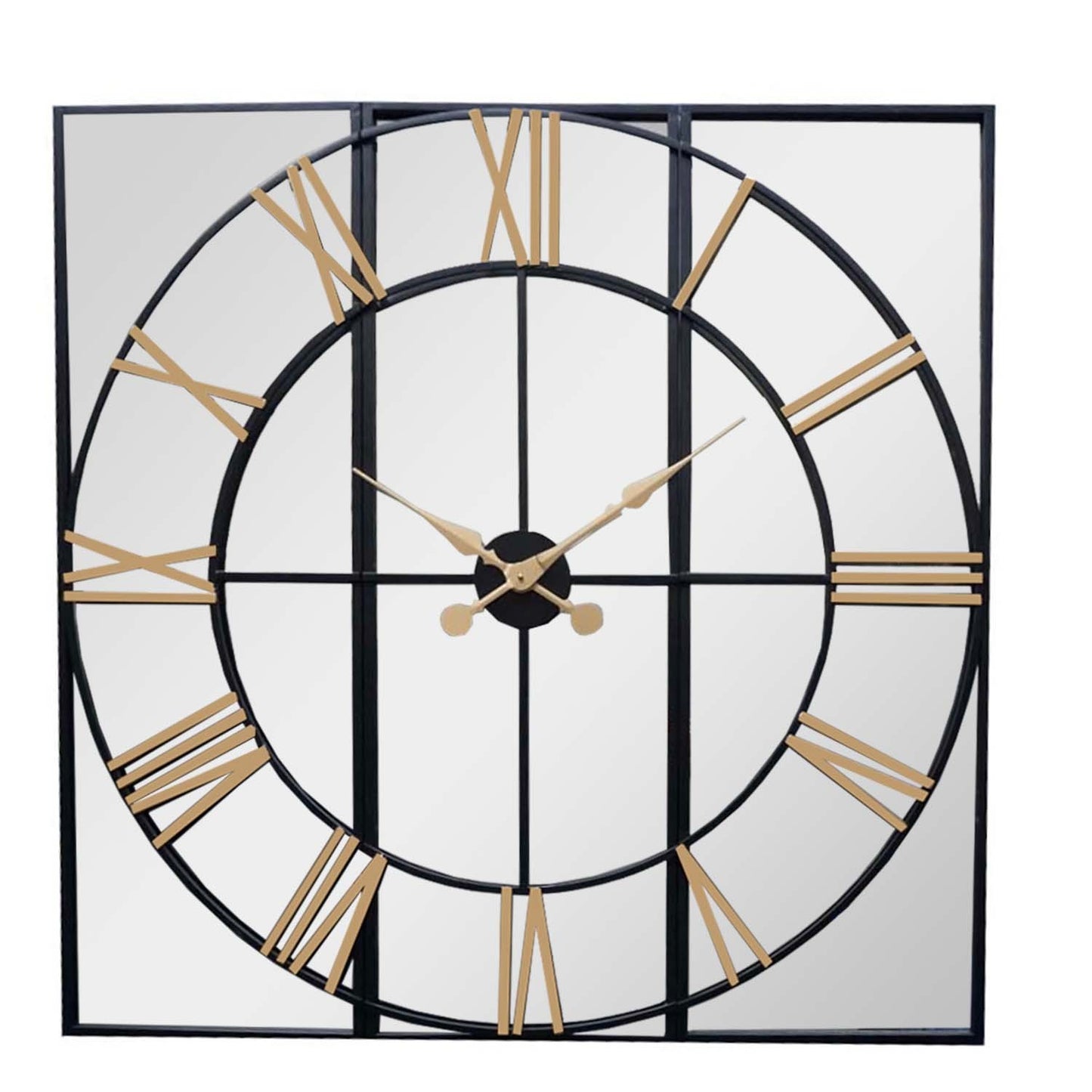 Square Industrial Mirror Clock with Roman Numerals