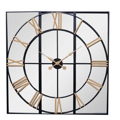 Square Industrial Mirror Clock with Roman Numerals