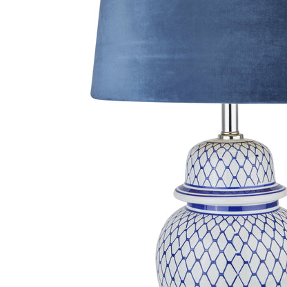 Messina Blue And White Lattice Ceramic Lamp With Blue Velvet Shade