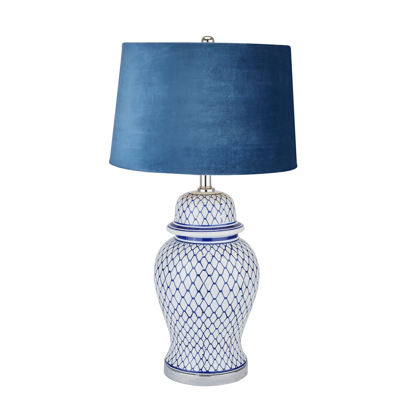 Messina Blue And White Lattice Ceramic Lamp With Blue Velvet Shade