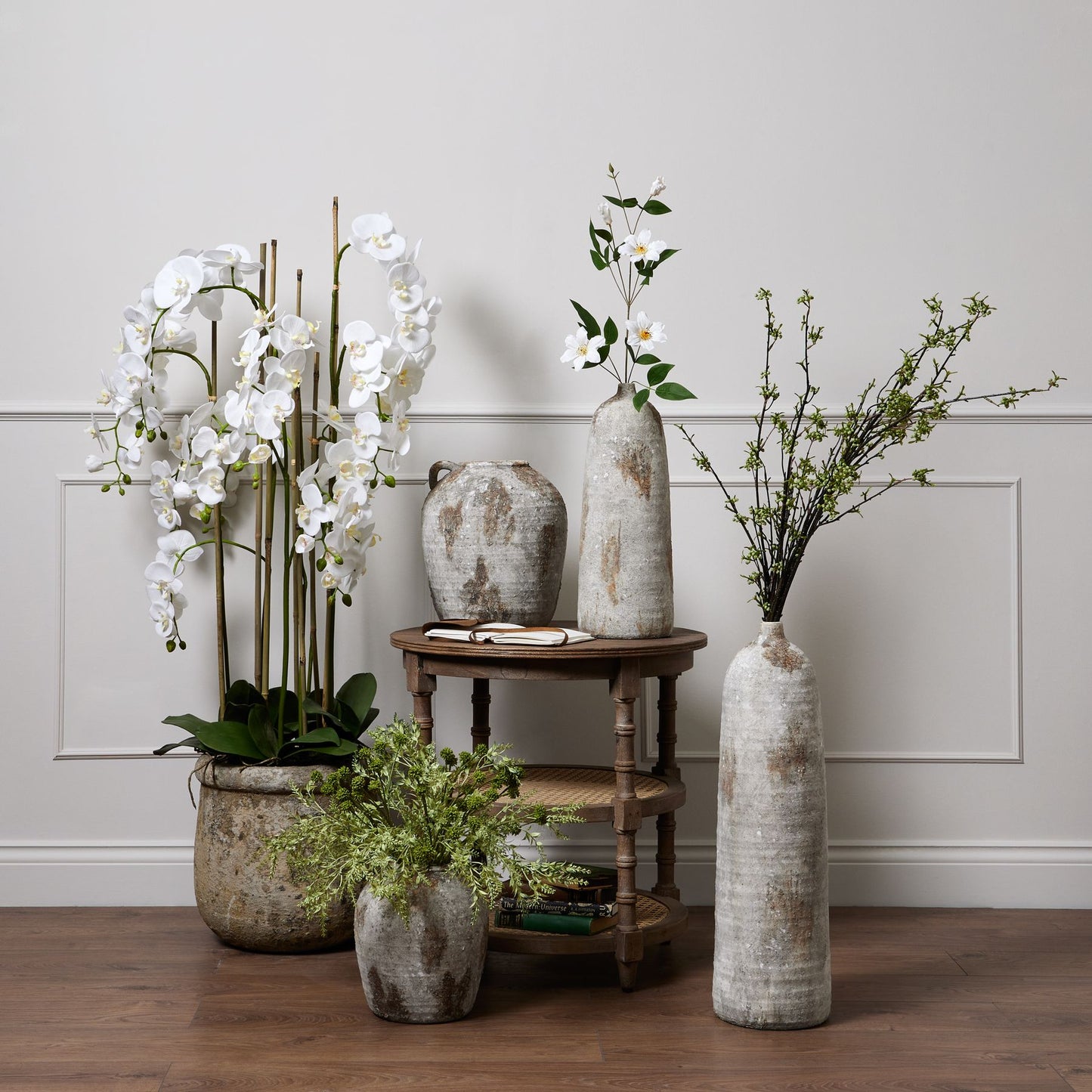 Artificial Plant Large White Orchid In Antique Stone Pot