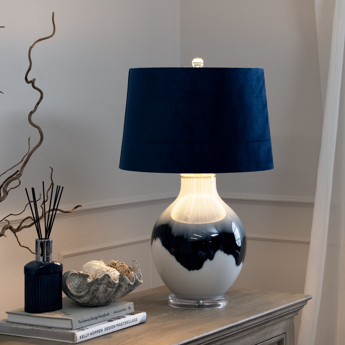 Vitsa Blue to White Ombre Glass Table Lamp With Navy Blue Shade