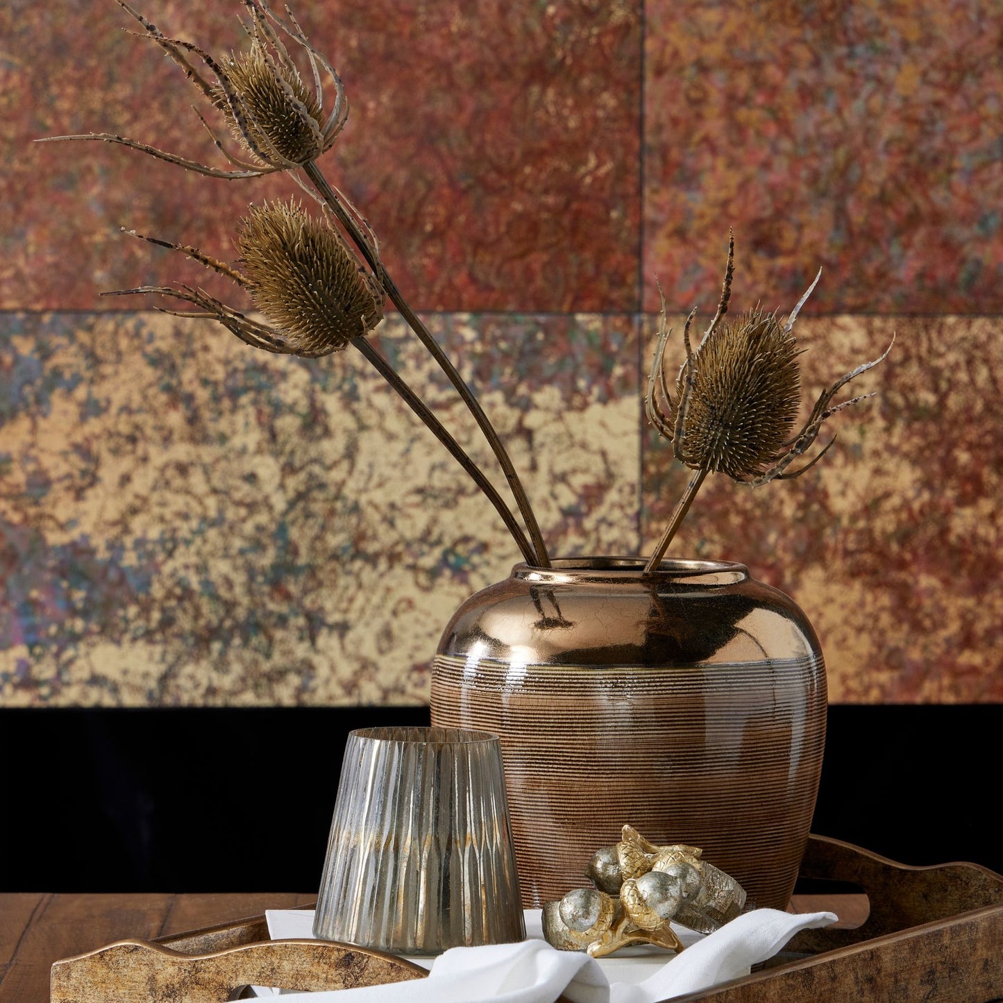 Set of 3 Artificial Flowers Large Brown Triple Teasle Stems