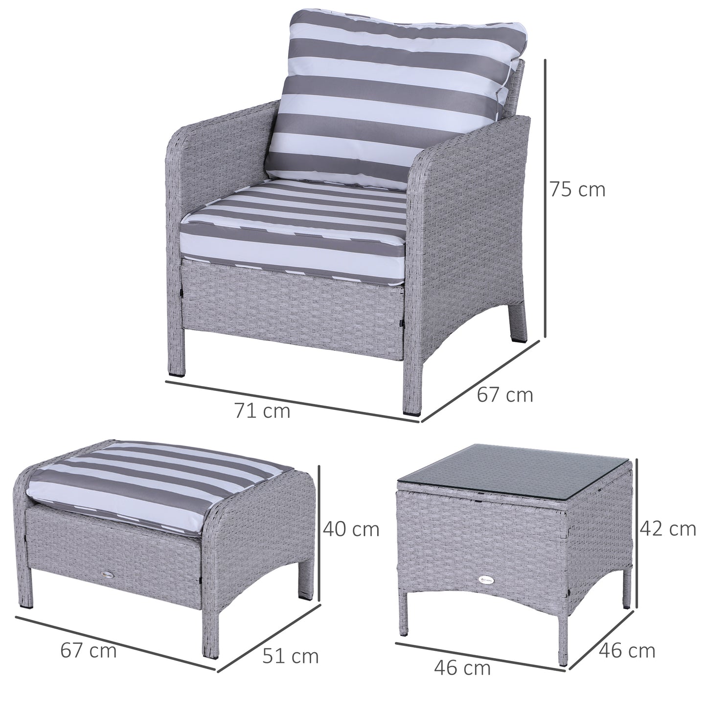 Sonova Faux Rattan Grey And White Stripes 5 Piece Outdoor Bistro Set Stools and Glass Table