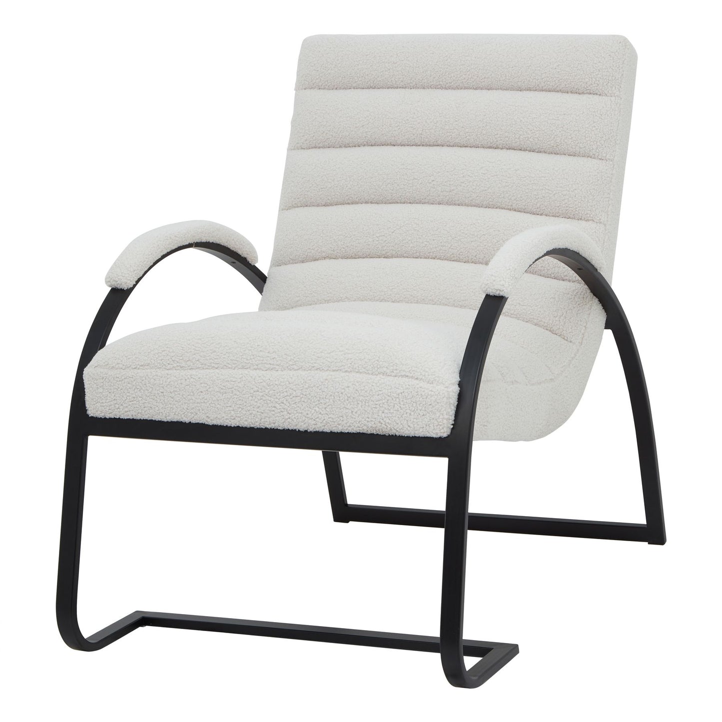 Soft Cream Ribbed Boucle and Black Metal Accent Chair
