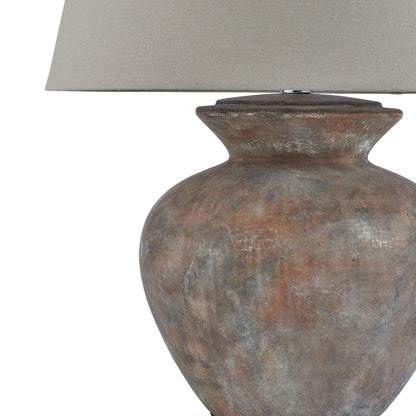 Padua Rustic Brown Ceramic Round Table Lamp Distressed Finish Neutral Fabric Shade