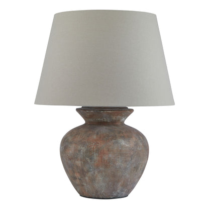 Padua Rustic Brown Ceramic Round Table Lamp Distressed Finish Neutral Fabric Shade