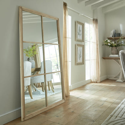 Leaning Rustic Window Pane Wall Mirror with Natural Wood Frame