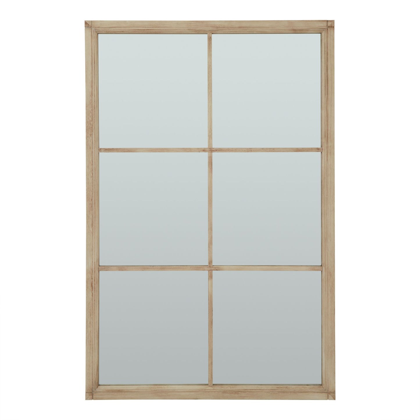 Leaning Rustic Window Pane Wall Mirror with Natural Wood Frame