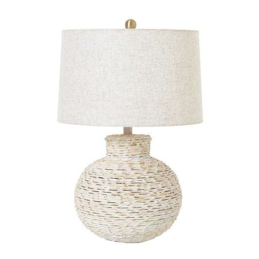 Loubressac White Wash Gourd Wicker Table Lamp With Cream Linen Shade