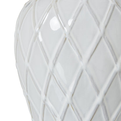 Banneville White Ceramic Lattice Diamond Ginger Jar Lamp With Linen Shade