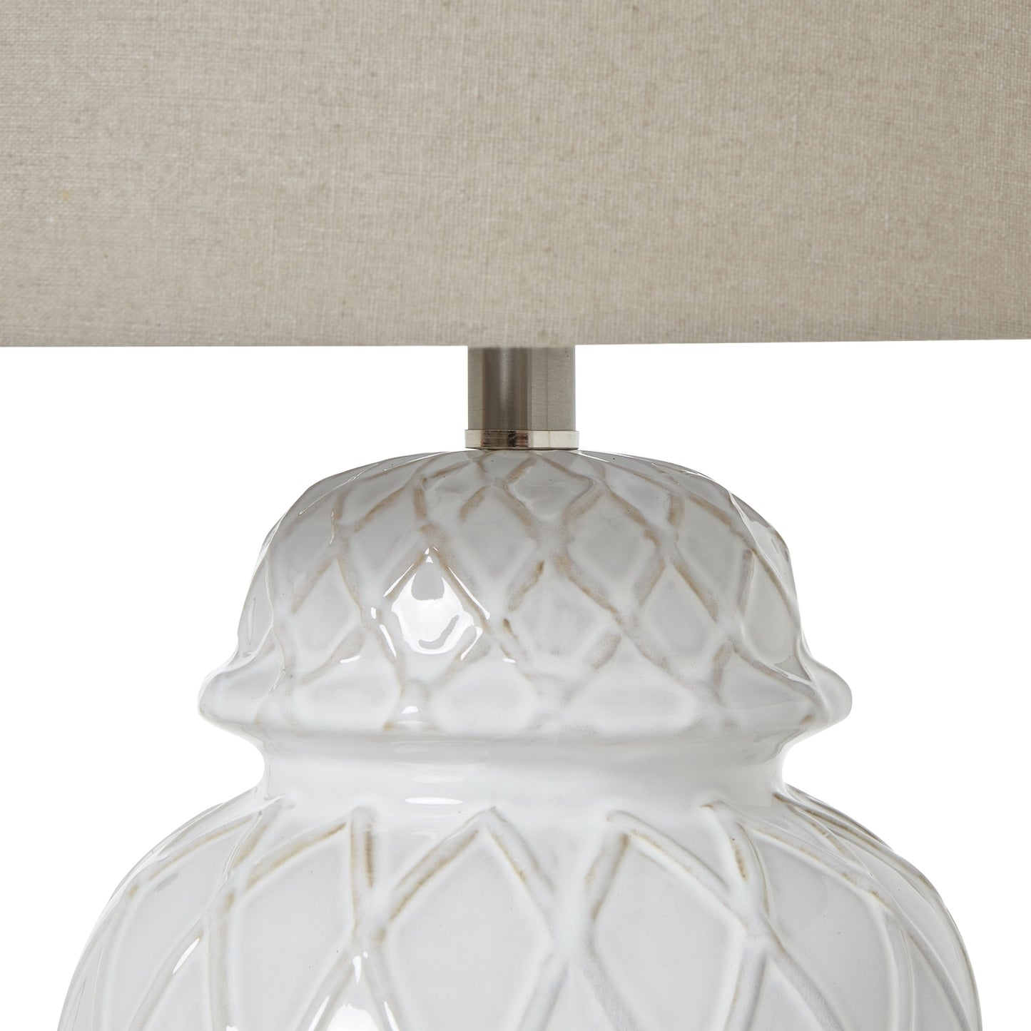 Banneville White Ceramic Lattice Diamond Ginger Jar Lamp With Linen Shade