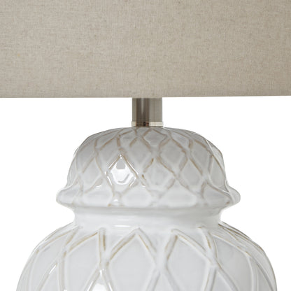 Banneville White Ceramic Lattice Diamond Ginger Jar Lamp With Linen Shade