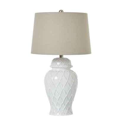 Banneville White Ceramic Lattice Diamond Ginger Jar Lamp With Linen Shade