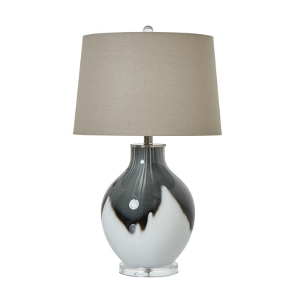 Mist Grey and White Wave Glass Table Lamp With Cream Linen Shade
