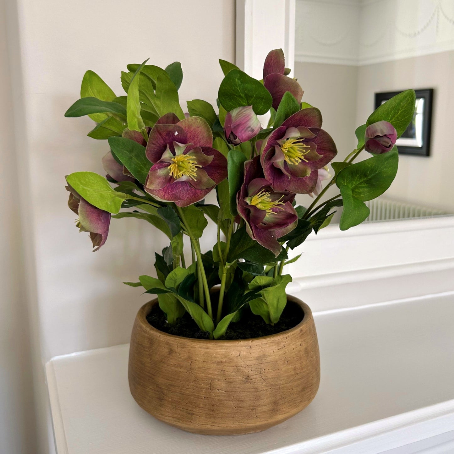 Artificial Plant Deep Plum Hellebore Plant In Brown Ceramic Pot