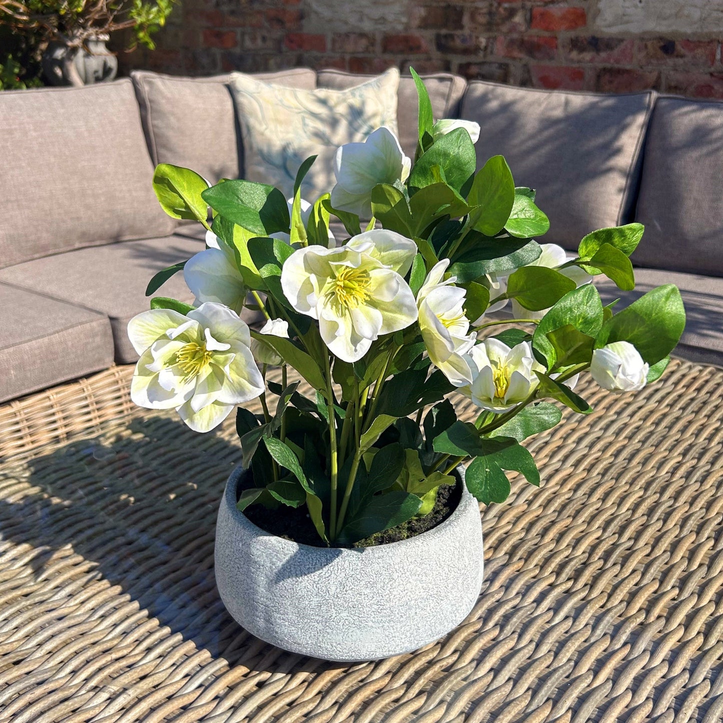 Artificial Plant White Hellebore Plant In Grey Ceramic Pot