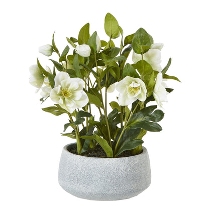 Artificial Plant White Hellebore Plant In Grey Ceramic Pot