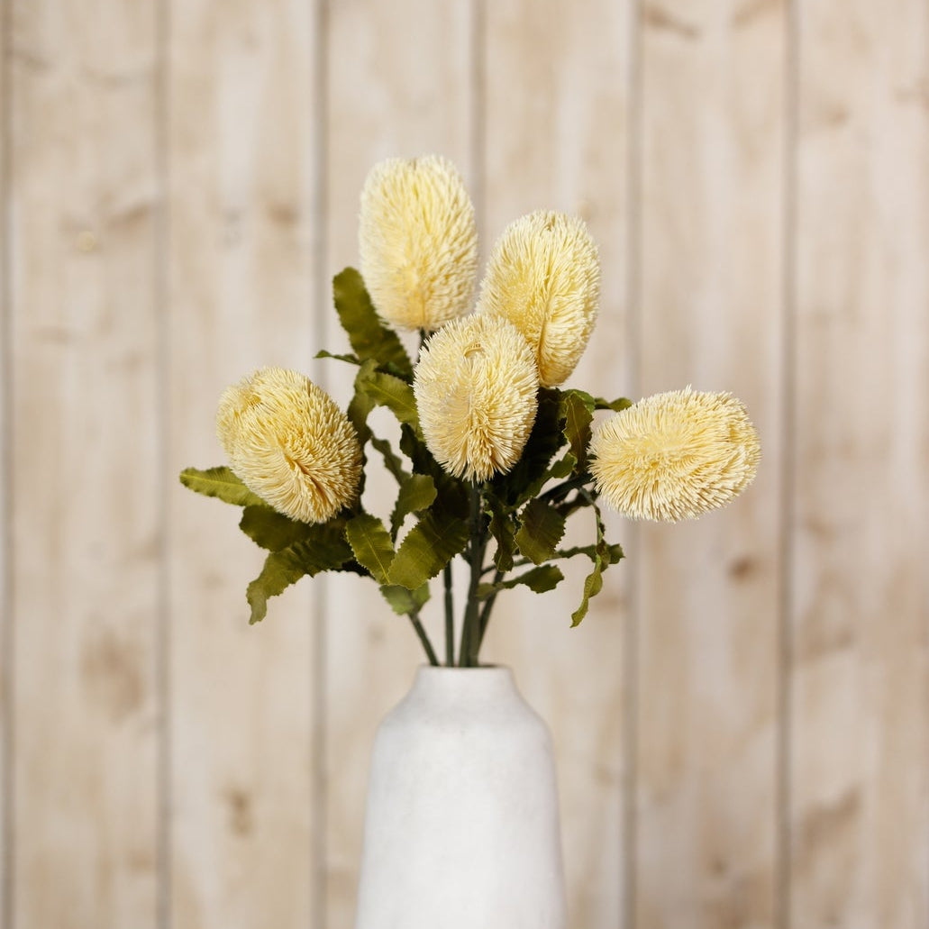 Set of 3 Artificial Flowers Large Cream Banksia Serrata Stems