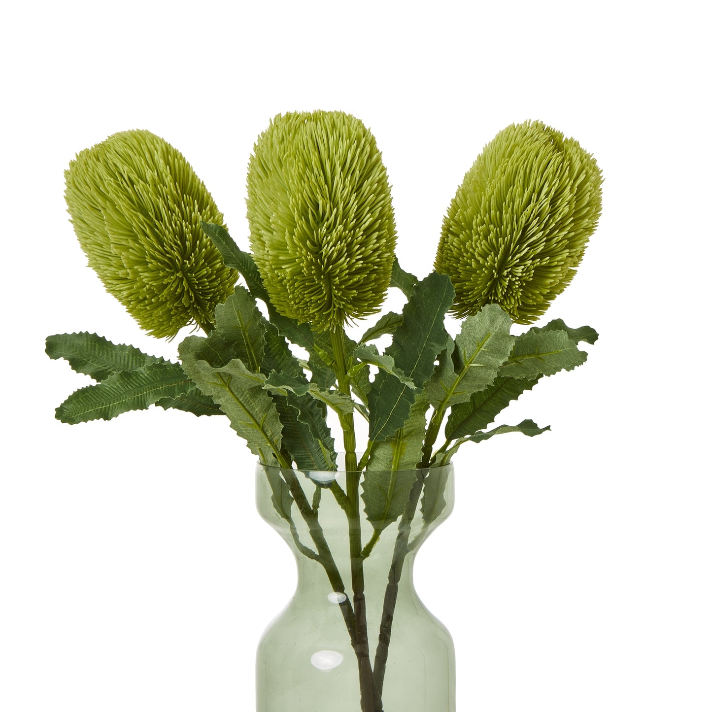 Set of 3 Artificial Flowers Large Green Banksia Serrata Stems