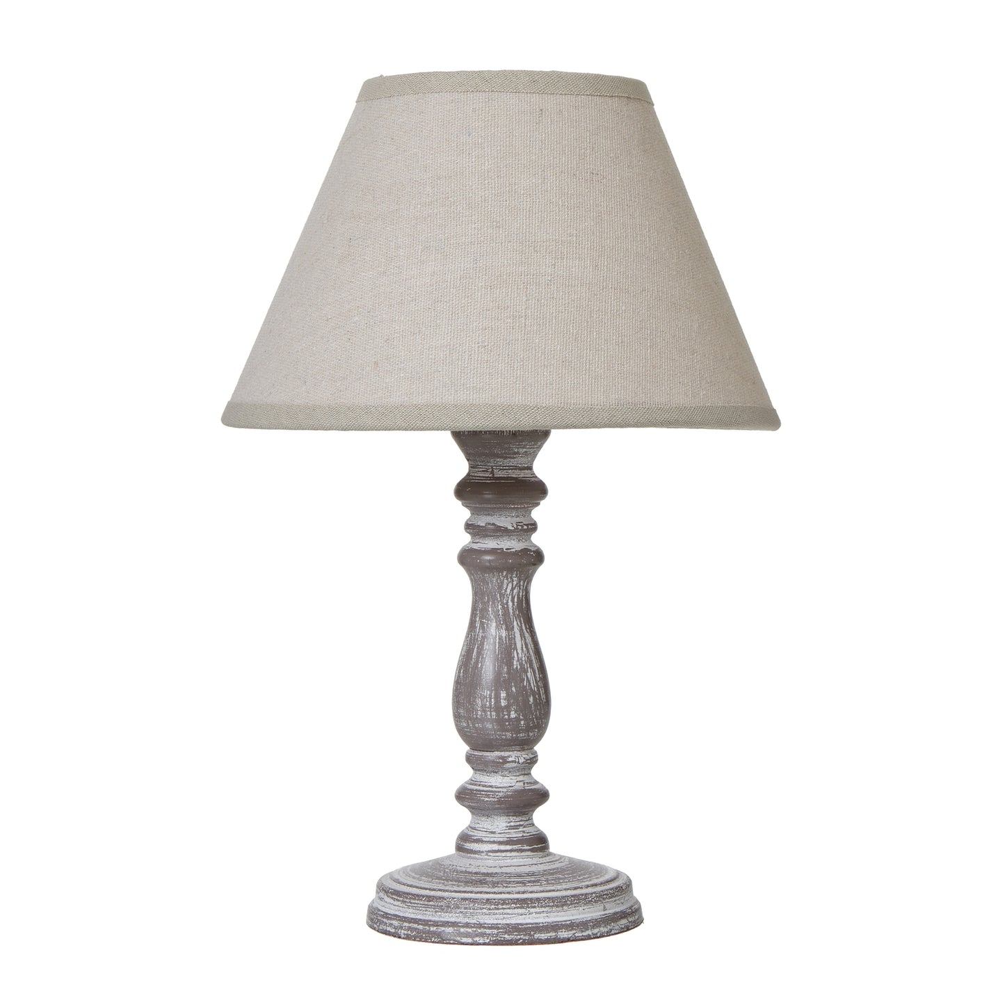 Bastide White Washed Turned Column Table Tamp With Cream Linen Shade