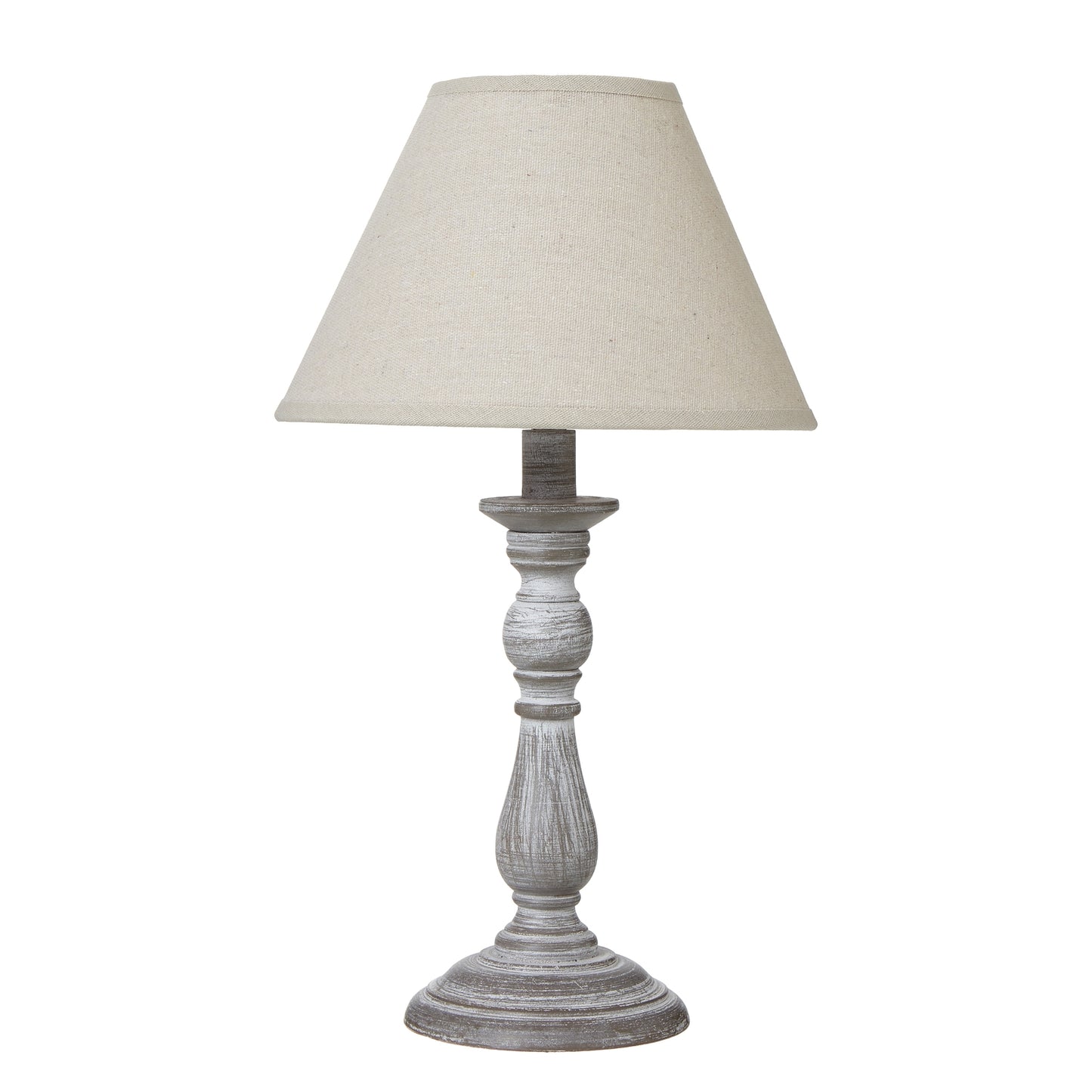 Blesle White Washed Turned Wooden Pedestal Table Lamp With Cream Linen Shade