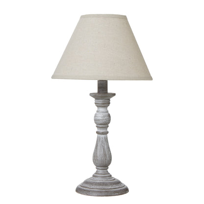 Blesle White Washed Turned Wooden Pedestal Table Lamp With Cream Linen Shade