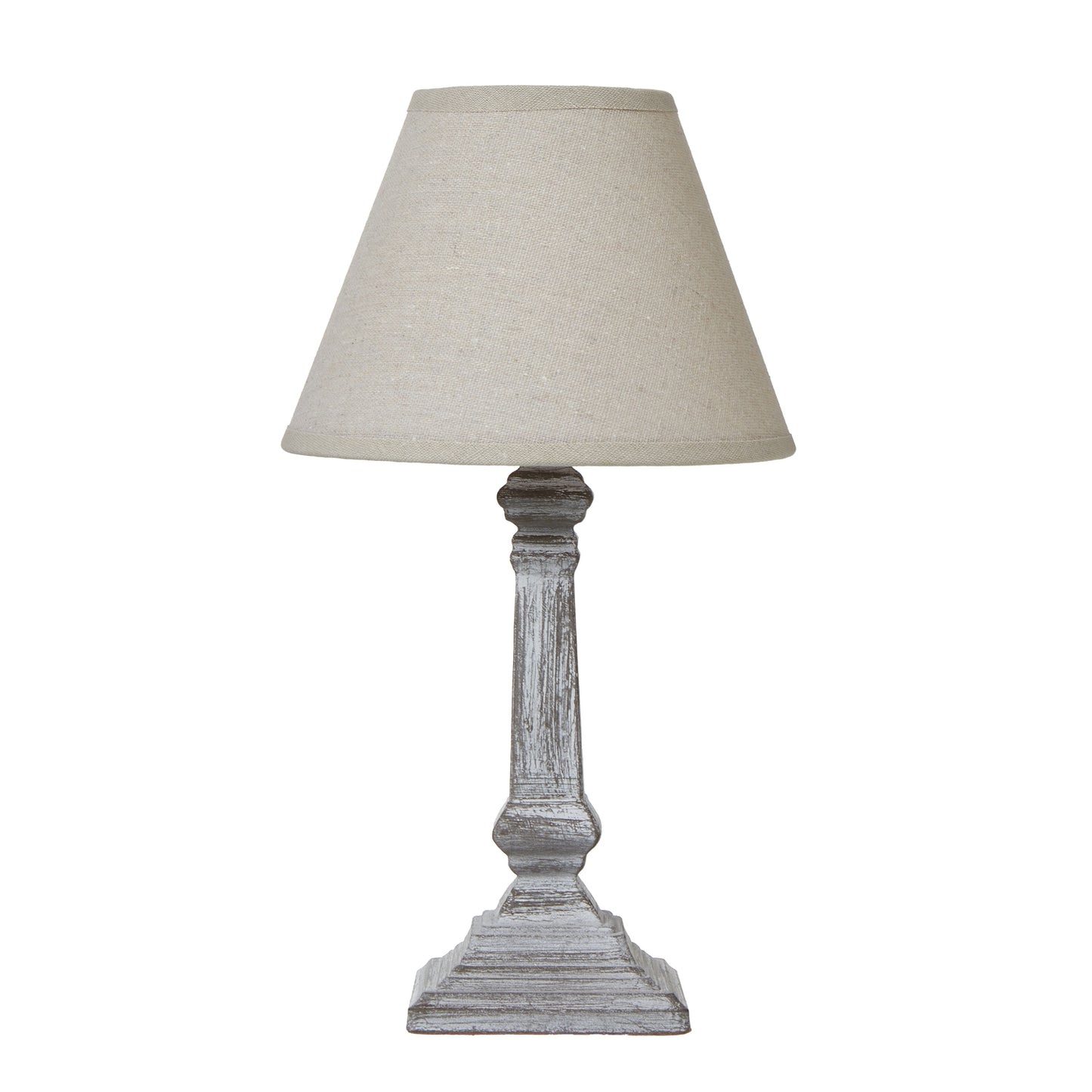 Collioure White Washed Wooden Pedestal Table Lamp With Cream Linen Shade