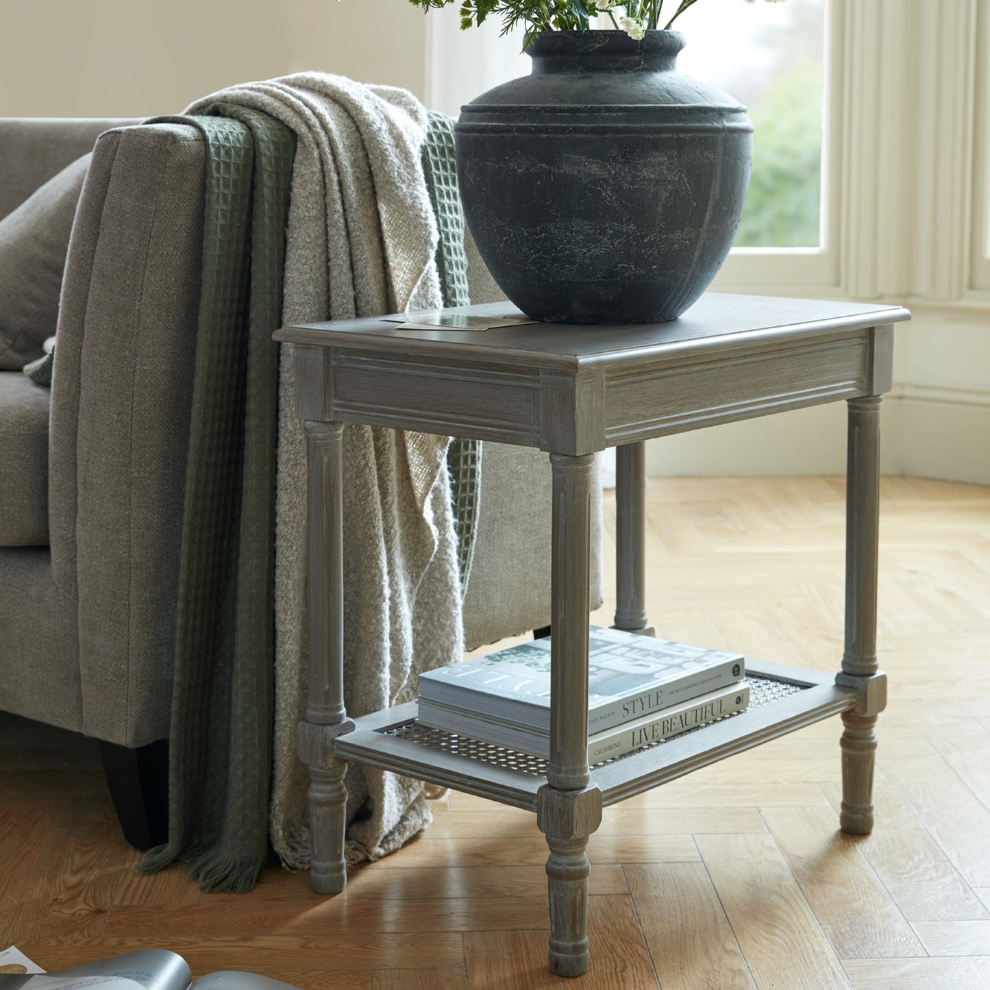 Laurelbrook Rattan Shelf Grey Wood Side Table