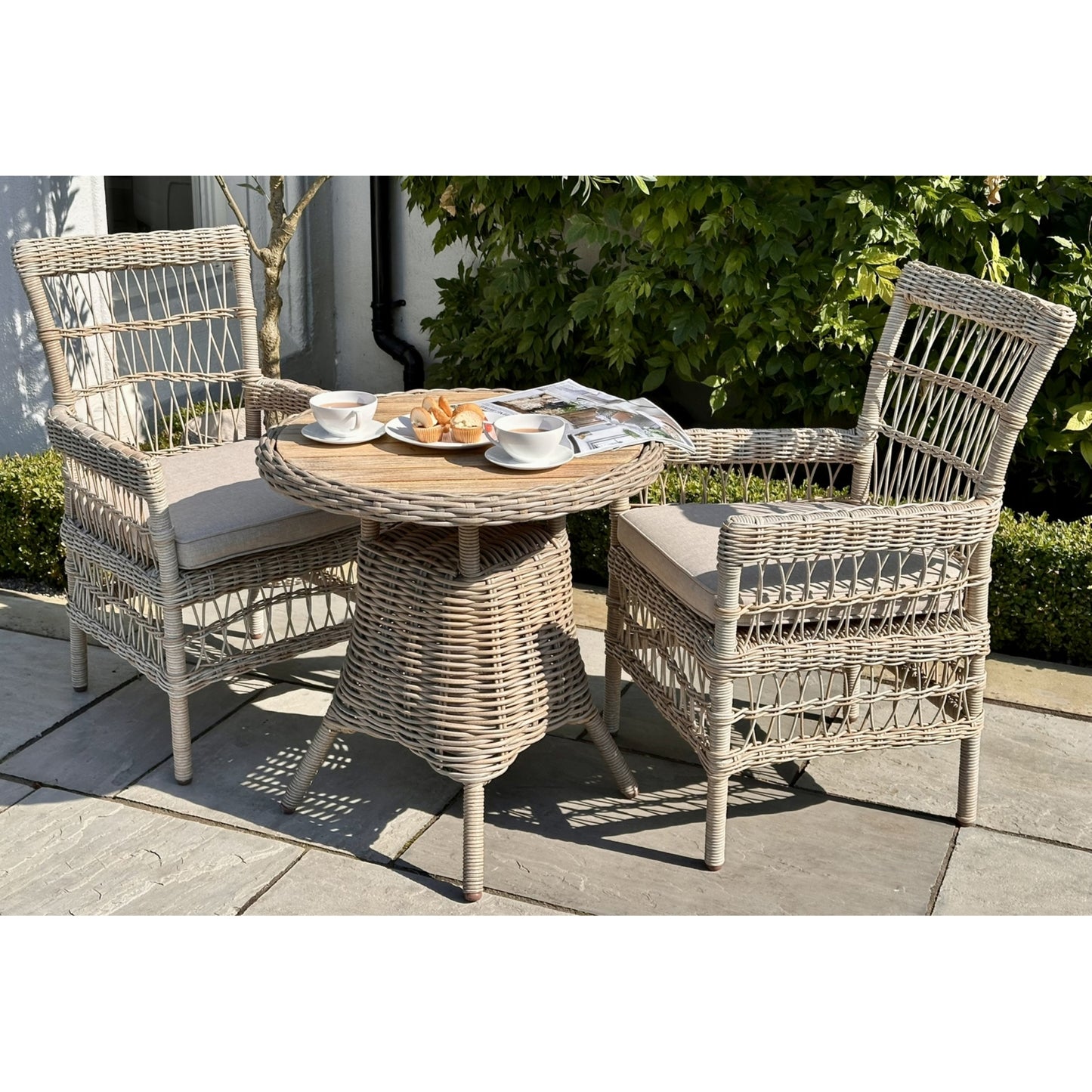 Costa Outdoor Cream Wicker Bistro Table With Wood Top