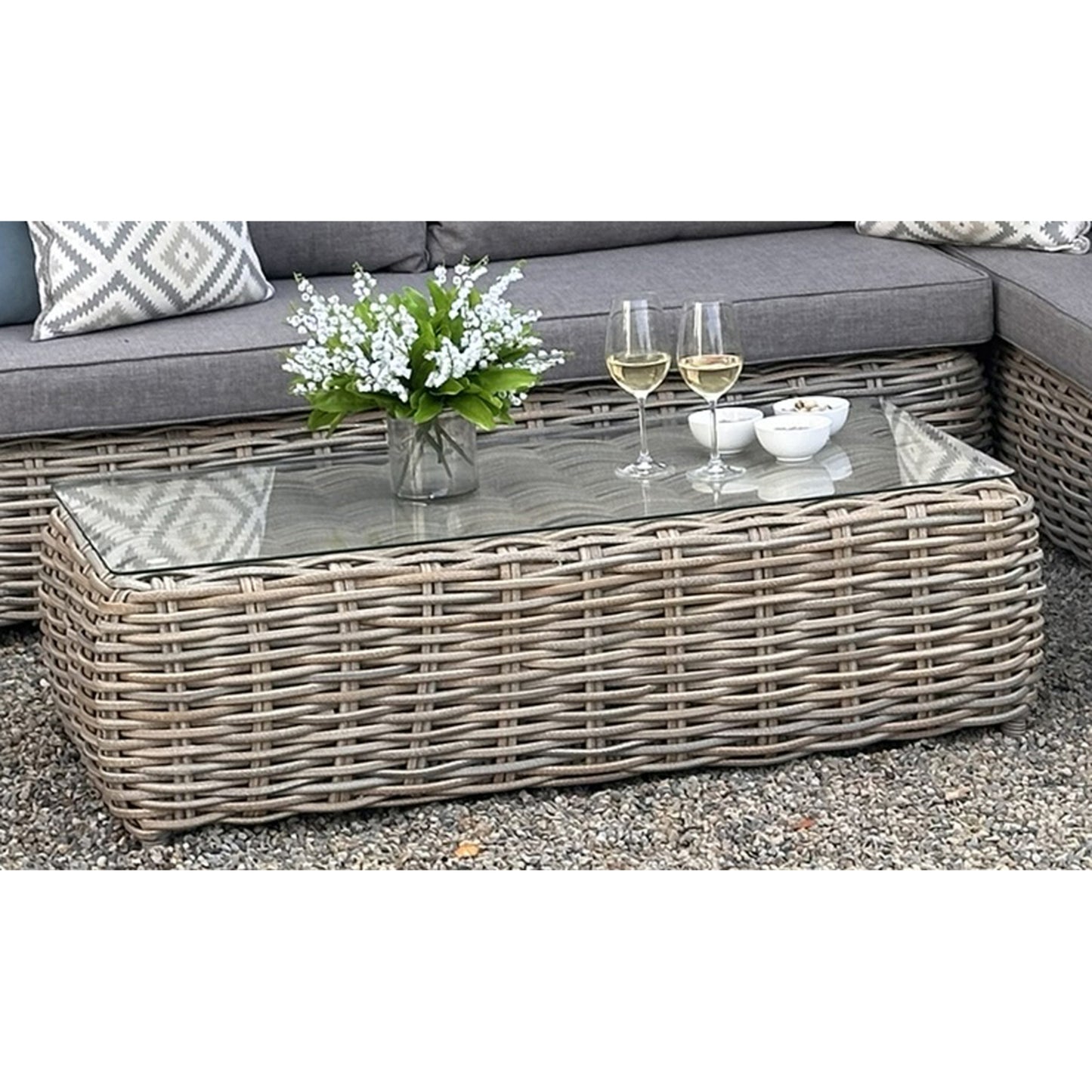Costa Cream Wicker Outdoor Large Corner Set Glass Top Coffee Table