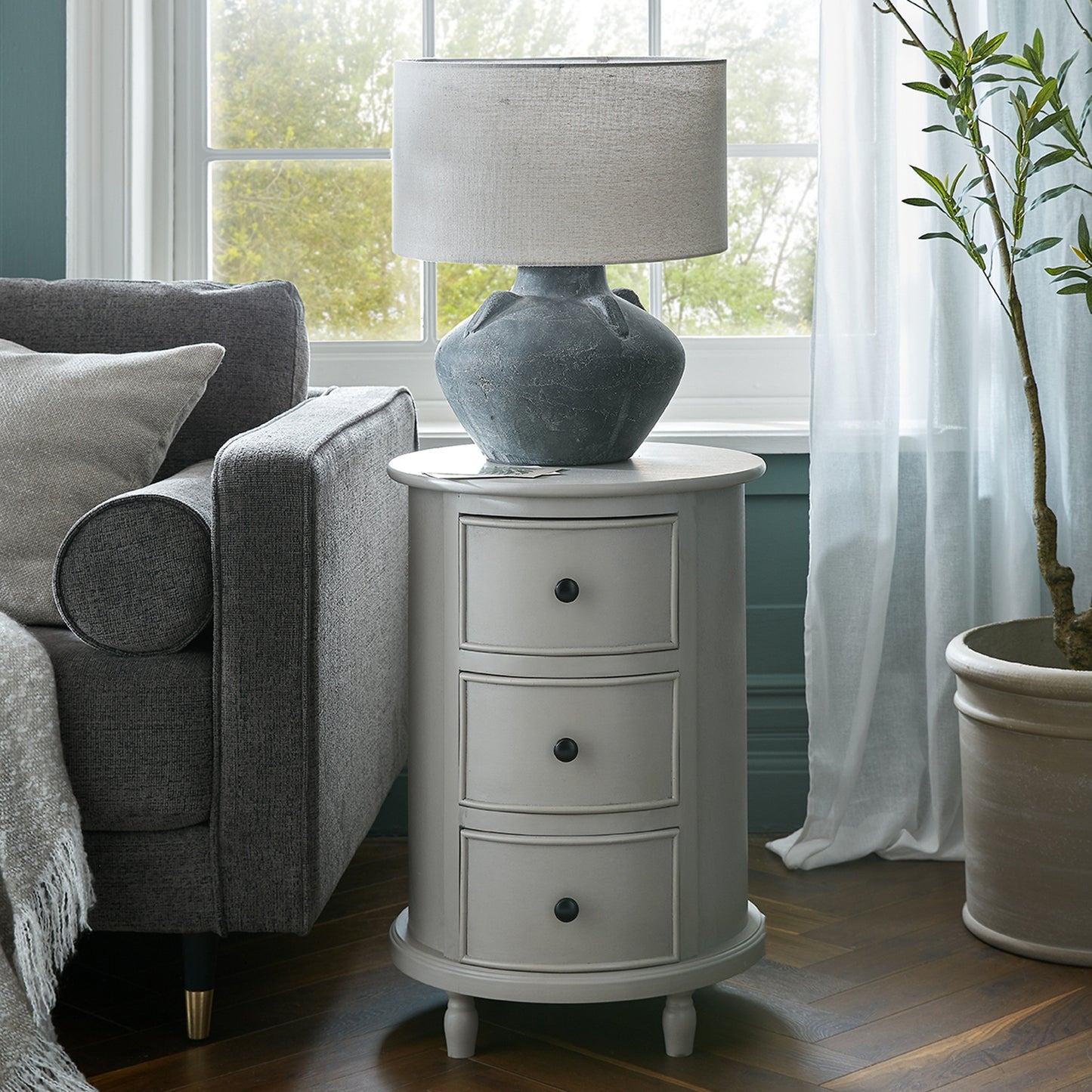 Thuy Grey Wood Half Moon 3 Drawer Round Side Table