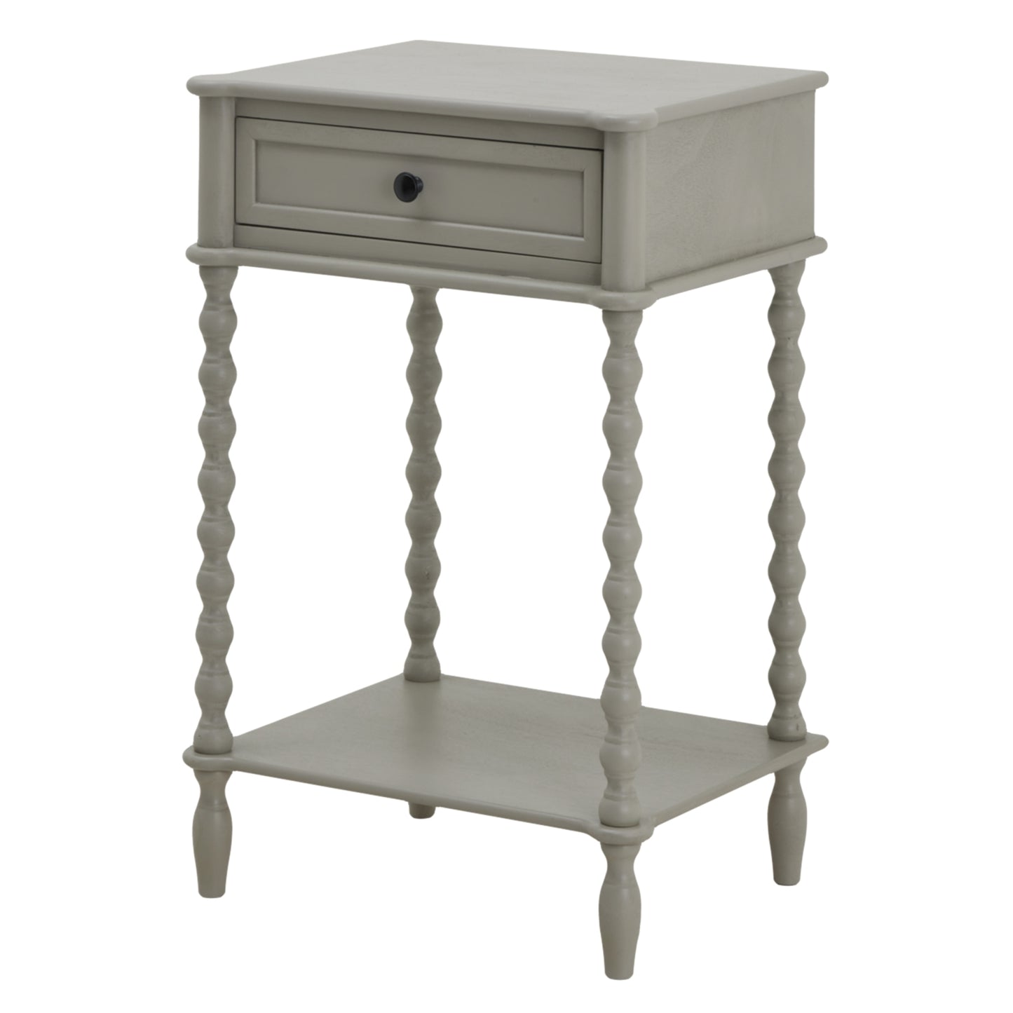 Thuy Grey Wood One Drawer Side Table Bottom Shelf