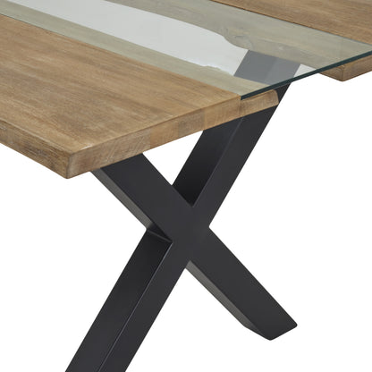 Vouvant Live Edge Light Acacia Wood and Glass Dining Table Cross X Black Metal Frame